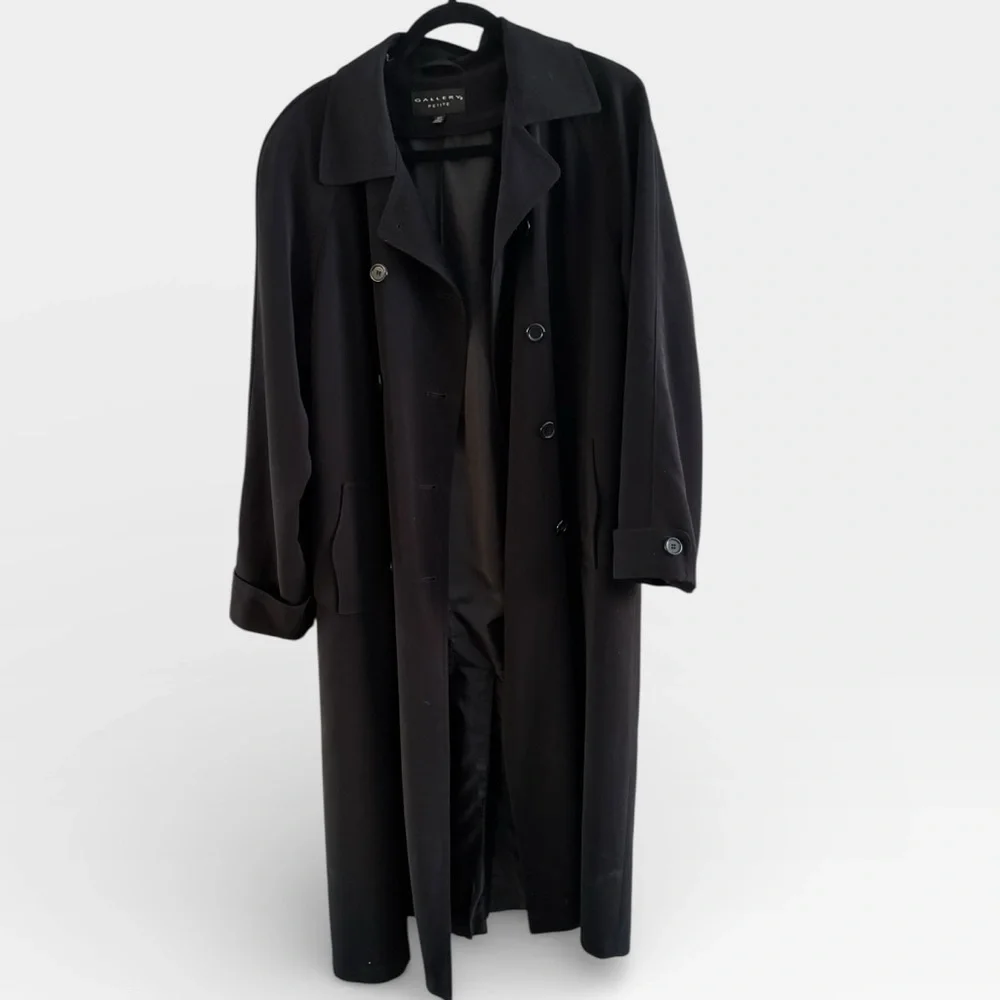 Vintage Gallery Long Black Classic Double Breasted Capsule Trench Coat Size 16P - Picture 9 of 11